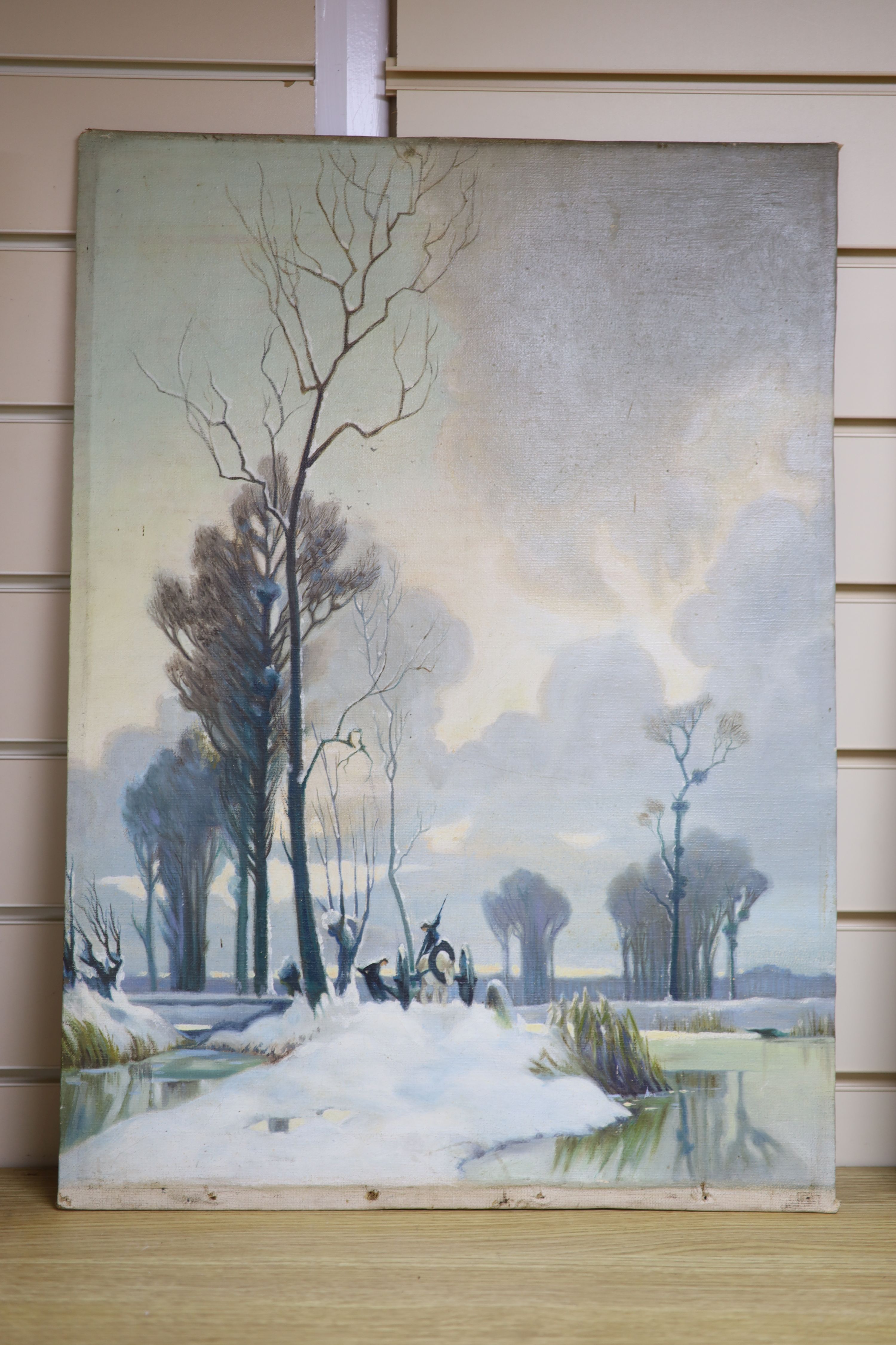 Attributed to Alexandre Jacob (1876-1972), oil on canvas laid on board, Carters in a winter landscape, 61 x 45cm. unframed.